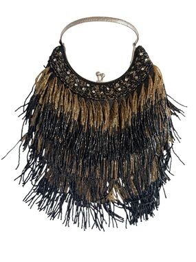 Elegant Black and Gold Beaded Fringe Necklace Bag